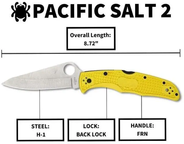 Alt view image 6 of 7 - Spyderco Pacific Salt 2 Folding Knife with H-1 PlainEdge Blade, Hollow Grind, and Fiberglass Reinforced Nylon Handle (Yellow)