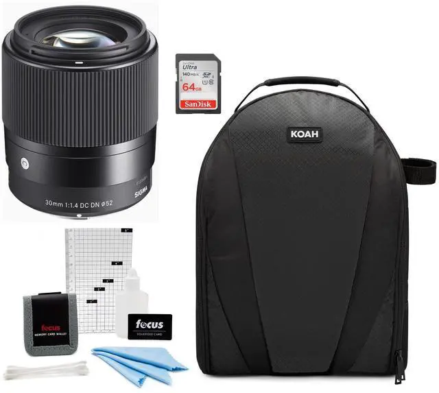 Main image of Sigma 30mm F1.4 DC DN Contemporary Lens for Nikon Z Mount Mirrorless Camera with LH586-01 Lens Hood (Black) Bundle with Sling Camera Bag, 64 GB SDXC Memory Card, Cleaning and Accessory Kit (4 Items)