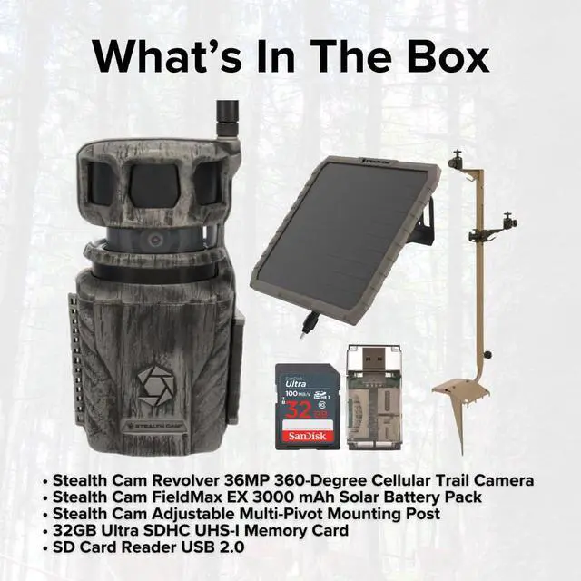 Alt view image 7 of 7 - Stealth Cam Revolver 36MP 360-Degree Cellular Trail Camera Bundle with FieldMax 3000 mAh Solar Battery Pack, Adjustable Multi-Pivot Mounting Post, 32GB Memory Card, and SD Card Reader (5 Items)