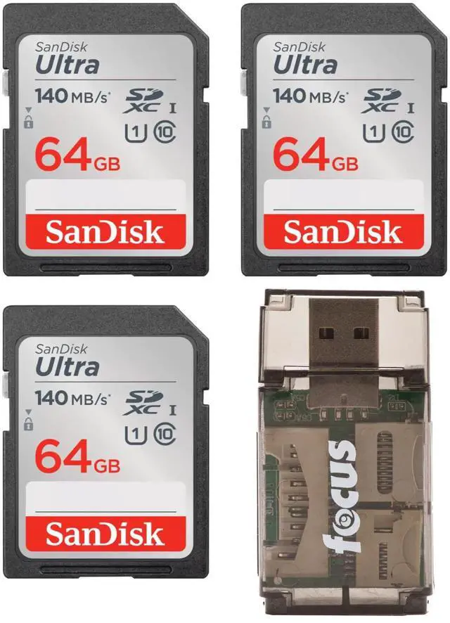 Main image of SanDisk 64GB Ultra Class 10 140 MB/s UHS-I SDXC Memory Card (3-pack) with Focus All-In-One High Speed Card Reader (4 Items)
