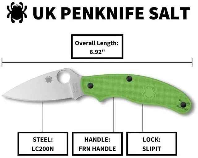 Alt view image 6 of 7 - Spyderco 6.91-Inch UK Penknife Salt Pocket Knife with PlainEdge LC200N Steel Blade and FRN Handle (Green)