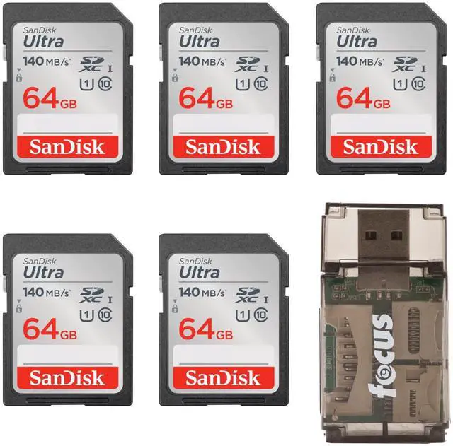 Main image of SanDisk 64GB Ultra Class 10 140 MB/s UHS-I SDXC Memory Card (5-pack) Bundle with All-In-One High Speed Card Reader (6 Items)
