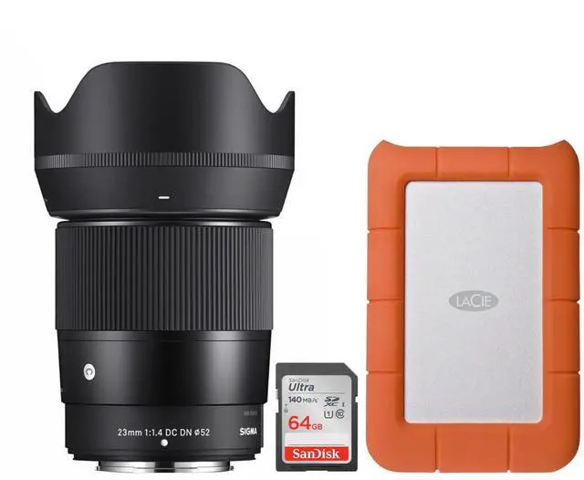 Main image of Sigma 23mm F1.4 DC DN Lens for Fujifilm X-Mount - Wide Angle Prime Lens with Bright Aperture - Superior Low-Light Performance Bundle with 1 TB External Hard Drive and 64 Memory Card (3 Items)