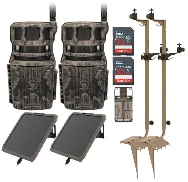 Main image of Stealth Cam Revolver 40MP Pro 360 Degree Cellular Trail Camera (2-Pack) Bundle with Mounting Post (2-Pack), FieldMAX Solar Battery (2-Pack), 32GB Memory Card (2-Pack) and Card Reader (9 Items)