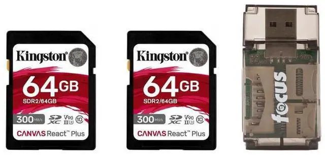 Main image of Kingston Canvas React Plus 64GB U3 V90 SD Card (2-Pack) Bundle with Focus All-In-One High Speed Card Reader (3 Items)