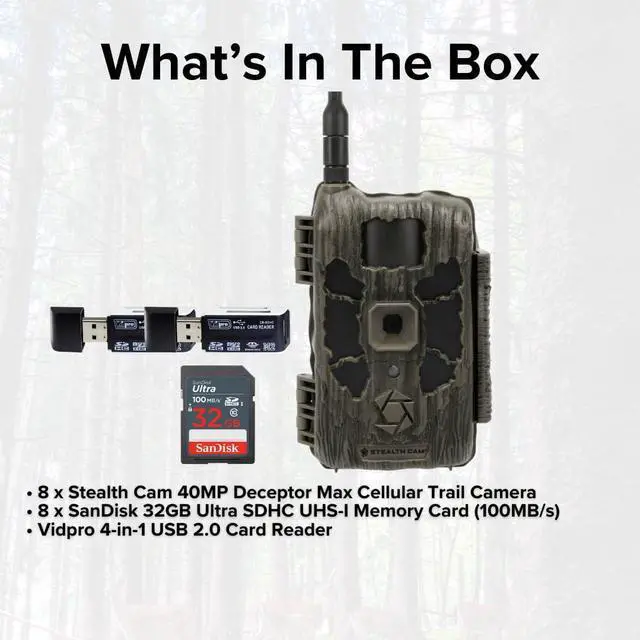 Alt view image 6 of 7 - Stealth Cam 40MP Deceptor Max Cellular Trail Camera with 0.4-Second Trigger Speed (2-Pack) x 4 Bundle with 32GB Memory Card (8-Pack) and 4-in-1 Card Reader (13 Items)