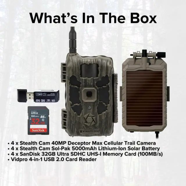 Alt view image 6 of 7 - Stealth Cam 40MP Deceptor Max Cellular Trail Camera with 0.4-Second Trigger Speed (2-Pack) x 2 Bundle with 5000mAh Solar Battery (4-Pack), Card Reader, and 32GB Memory Card (4-Pack) (11 Items)