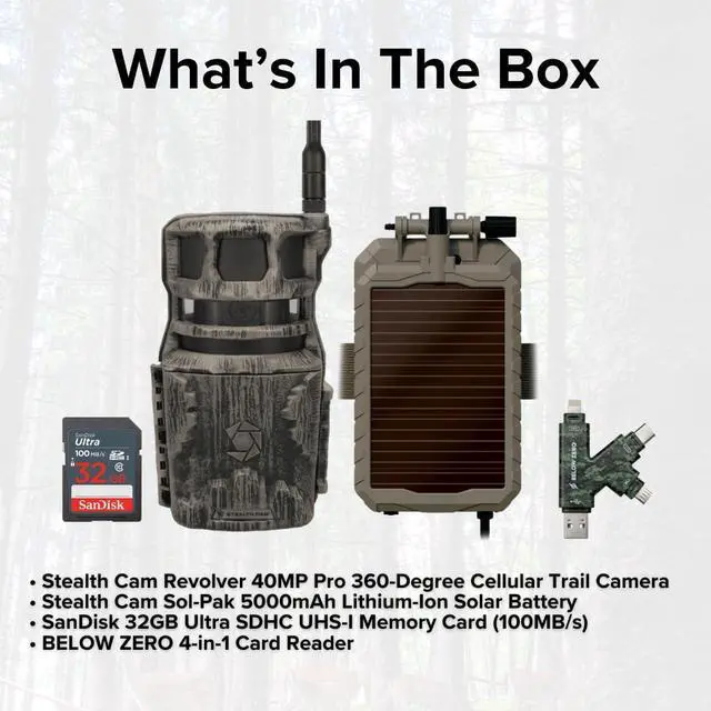 Alt view image 7 of 7 - Stealth Cam Revolver 40MP Pro 360 Degree Cellular Trail Camera Bundle with Sol-Pak Solar Battery Pack, 32GB Ultra SDHC UHS-I Memory Card, and Hi-Speed SD USB 2.0 Card Reader (4 Items)