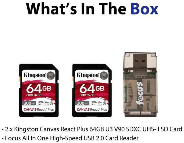 Alt view image 7 of 7 - Kingston Canvas React Plus 64GB U3 V90 SD Card (2-Pack) Bundle with Focus All-In-One High Speed Card Reader (3 Items)