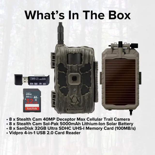 Alt view image 6 of 7 - Stealth Cam 40MP Deceptor Max Cellular Trail Camera with 0.4-Second Trigger Speed (2-Pack) x 4 Bundle with 5000mAh Solar Battery (8-Pack), Card Reader, and 32GB Memory Card (8-Pack) (21 Items)