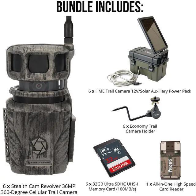 Alt view image 6 of 7 - Stealth Cam Revolver 36MP 360-Degree Cellular Trail Camera with 1/4-Inch Threaded Mount (6-Pack) Bundle with Camera Power Pack (6-Pack), Holder (6-Pack), Memory Card (6-Pack) and Reader (37 Items)