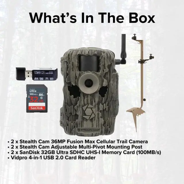 Alt view image 6 of 7 - Stealth Cam 36MP Fusion Max Cellular Trail Camera with 80-Feet Detection Range (2-Pack) Bundle with Stealth Cam Mounting Post (2-Pack), 32GB Memory Card (2-Pack), and 4-in-1 Card Reader (6 Items)