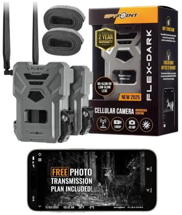 Main image of SPYPOINT FLEX-DARK GPS-Enabled Cellular Trail Camera with Dual-SIM Connectivity, 40MP Photos, 1080p Videos with Sound, and 4 LEDs (Gray, 2-Pack)