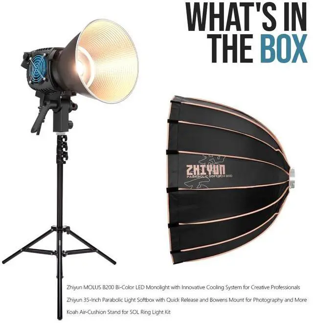Alt view image 7 of 7 - Zhiyun Molus B200 Bi-Color LED Monolight Bundle with Zhiyun 3-Feet 90D Parabolic Softbox and Air-Cushion Stand for SOL Ring Light Kit (3 Items)