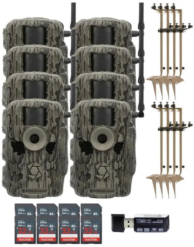 Main image of Stealth Cam 36MP Fusion Max Cellular Trail Camera with 80-Feet Detection Range (2-Pack) x 4 Bundle with Mounting Post (8-Pack), 32GB UHS-I Memory Card (8-Pack), and 4-in-1 Card Reader (21 Items)