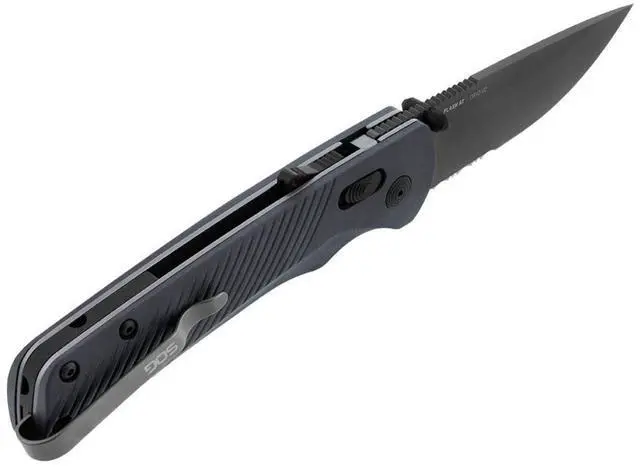 Alt view image 4 of 7 - SOG Flash AT Daily Carry Serrated Pocket Folding Knife with 3.5-Inch D2 Steel Blade, Ambidextrous AT-XR Lock, and Ergonomic Handle (Urban Gray)