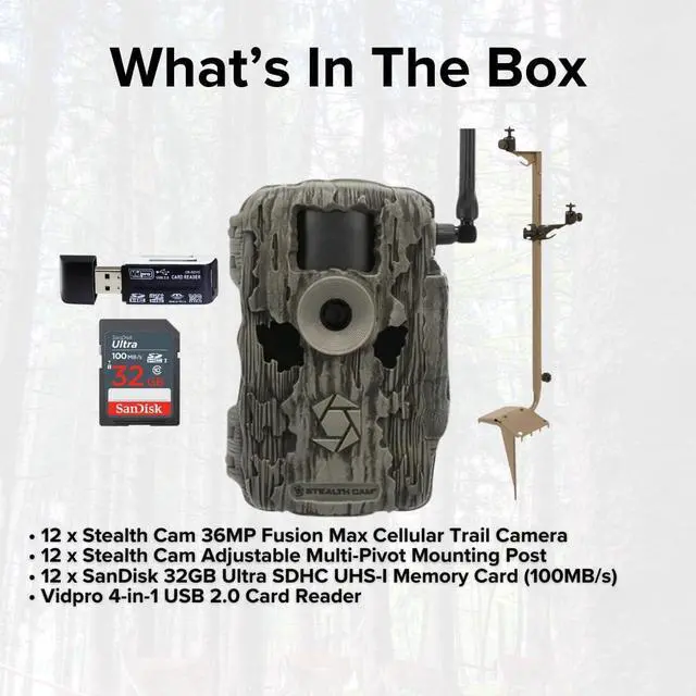 Alt view image 6 of 7 - Stealth Cam 36MP Fusion Max Cellular Trail Camera with 80-Feet Detection Range (2-Pack) x 6 Bundle with Mounting Post (12-Pack), 32GB UHS-I Memory Card (12-Pack), and 4-in-1 Card Reader (31 Items)