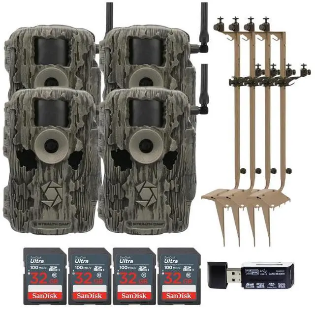 Main image of Stealth Cam 36MP Fusion Max Cellular Trail Camera with 80-Feet Detection Range (2-Pack) x 2 Bundle with Mounting Post (4-Pack), 32GB UHS-I Memory Card (4-Pack), and 4-in-1 Card Reader (11 Items)
