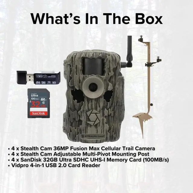 Alt view image 6 of 7 - Stealth Cam 36MP Fusion Max Cellular Trail Camera with 80-Feet Detection Range (2-Pack) x 2 Bundle with Mounting Post (4-Pack), 32GB UHS-I Memory Card (4-Pack), and 4-in-1 Card Reader (11 Items)