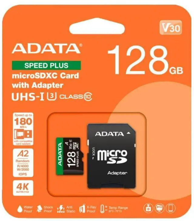 Main image of ADATA SPEED PLUS 128GB microSDXC UHS-I U3 Class 10 A2 V30 Temperature-Proof Memory Card with 180 MBPS Read and 160 MBPS Write Speed