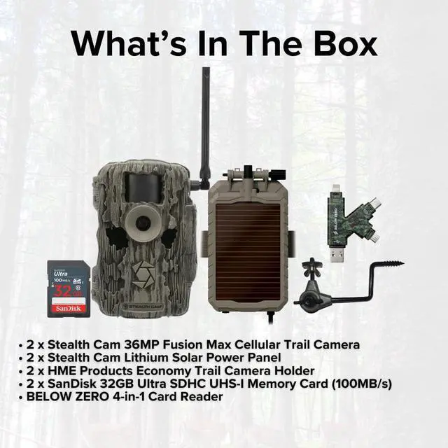 Alt view image 6 of 7 - Stealth Cam 36MP Fusion Max Cellular Trail Camera (2-Pack) Bundle with 2x Lithium Solar Power Panel, 2x Trail Camera Holder, 2x 32GB Memory Card, and Card Reader (9 Items)