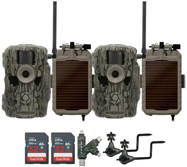 Main image of Stealth Cam 36MP Fusion Max Cellular Trail Camera (2-Pack) Bundle with 2x Lithium Solar Power Panel, 2x Trail Camera Holder, 2x 32GB Memory Card, and Card Reader (9 Items)