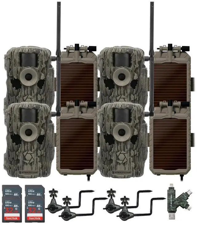 Main image of Stealth Cam 36MP Fusion Max Cellular Trail Camera (4-Pack) Bundle with 4x Lithium Solar Power Panel, 4x Trail Camera Holder, 4x 32GB Memory Card, and Card Reader (17 Items)