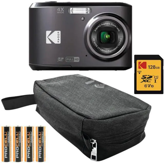 Main image of Kodak PIXPRO FZ45 Friendly Zoom Digital Camera (Black) Bundle with Folding Storage Travel Case, 128GB SD Class 10 UHS-I U1 V10 Full HD Memory Card, and Procell AA (4-Pack) (4 Items)