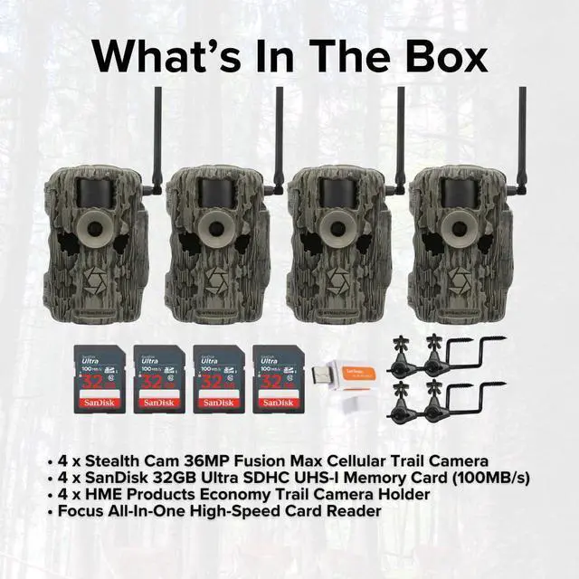 Alt view image 6 of 7 - Stealth Cam 36MP Fusion Max Cellular Trail Camera with 80 Feet Detection Range (4-Pack) Bundle with 4x Camera Holder, 4x 32GB Memory Card, and Card Reader (13 Items)