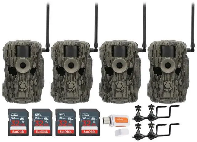 Main image of Stealth Cam 36MP Fusion Max Cellular Trail Camera with 80 Feet Detection Range (4-Pack) Bundle with 4x Camera Holder, 4x 32GB Memory Card, and Card Reader (13 Items)