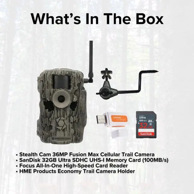 Alt view image 6 of 7 - Stealth Cam 36MP Fusion Max Cellular Trail Camera with 80 Feet Detection Range Bundle with Camera Holder, 32GB Memory Card, and Card Reader (4 Items)