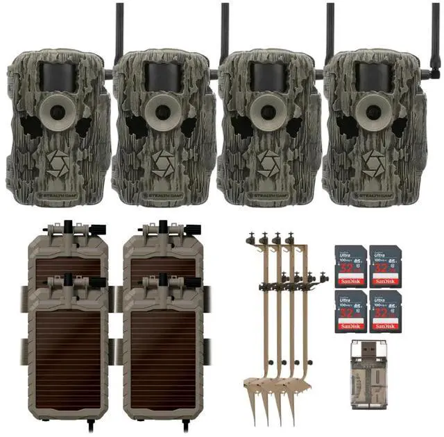 Main image of Stealth Cam 36MP Fusion Max Cellular Trail Camera with Infrared Flash (4-Pack) Bundle with Solar Power Panel (4-Pack), Mounting Post (4-Pack), 32GB Memory Card (4-Pack), and Card Reader (17 Items)