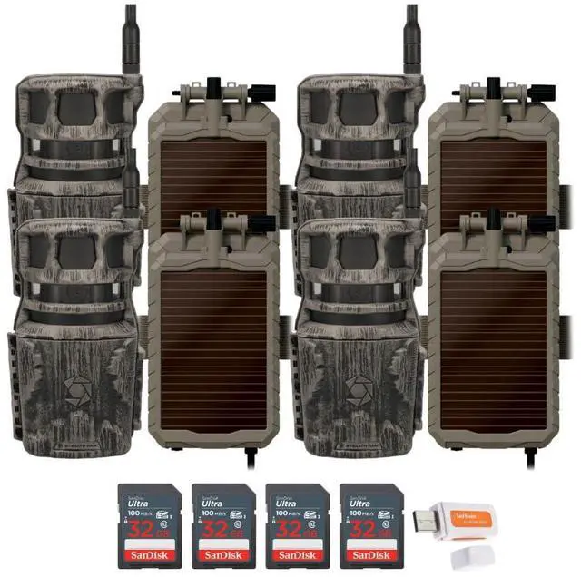 Main image of Stealth Cam Revolver 36MP 360-Degree Cellular Trail Camera (4-Pack) Bundle with Lithium Solar Power Panel (4-Pack), 32GB Ultra SDHC UHS-I Memory Card (4-Pack), and SD USB 2.0 Card Reader (13 Items)