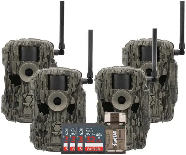 Main image of Stealth Cam 36MP Fusion Max Cellular Trail Camera with 80 Feet Detection Range 4-Pack with Four 32GB Memory Cards and Card Reader (9 Items)
