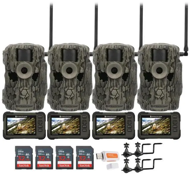 Main image of Stealth Cam 36MP Fusion Max Cellular Trail Camera with 80 Feet Detection Range (4-Pack) Bundle with SD Card Viewer (4-Pack), Camera Holder (4-Pack), Memory Card (4-Pack), and Card Reader (17 Items)