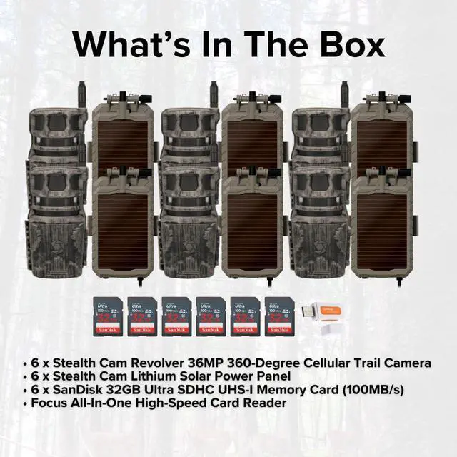 Alt view image 6 of 7 - Stealth Cam Revolver 36MP 360-Degree Cellular Trail Camera (6-Pack) Bundle with Lithium Solar Power Panel (6-Pack), 32GB Ultra SDHC UHS-I Memory Card (6-Pack), and SD USB 2.0 Card Reader (19 Items)