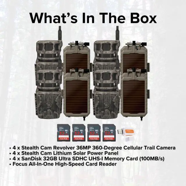 Alt view image 6 of 7 - Stealth Cam Revolver 36MP 360-Degree Cellular Trail Camera (4-Pack) Bundle with Lithium Solar Power Panel (4-Pack), 32GB Ultra SDHC UHS-I Memory Card (4-Pack), and SD USB 2.0 Card Reader (13 Items)