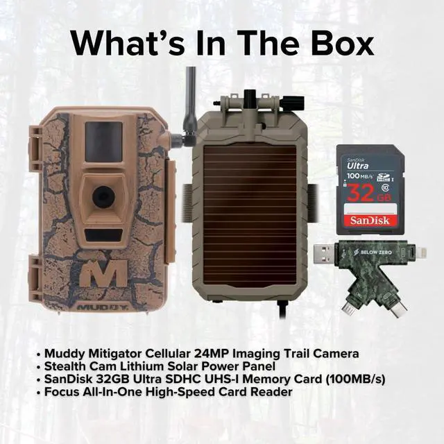 Alt view image 7 of 7 - Muddy Mitigator Cellular 24MP Imaging Trail Camera with 80 Feet Detection and Flash Range Bundle with Solar Power Panel, 32GB Memory Card, and USB 2.0 Card Reader (4 Items)