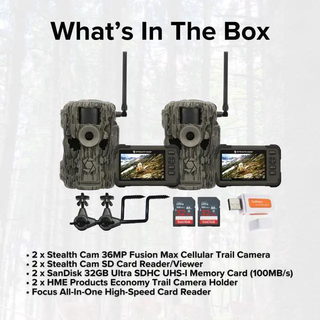 Alt view image 6 of 7 - Stealth Cam 36MP Fusion Max Cellular Trail Camera with 80 Feet Detection Range (2-Pack) Bundle with 2x SD Card Viewer, 2x Camera Holder, 2x 32GB Memory Card, and Card Reader (9 Items)