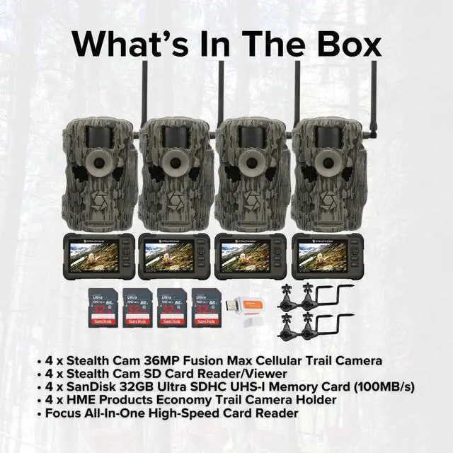 Alt view image 6 of 7 - Stealth Cam 36MP Fusion Max Cellular Trail Camera with 80 Feet Detection Range (4-Pack) Bundle with SD Card Viewer (4-Pack), Camera Holder (4-Pack), Memory Card (4-Pack), and Card Reader (17 Items)