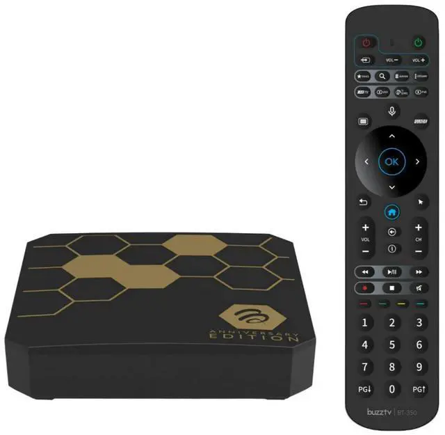 Main image of BuzzTV Classic Anniversary Edition Streaming Media Player with T-350 Voice Remote, USB-C Port, Amlogic Quad Core Processor, and 4GB RAM (Gloss Black and Gold)