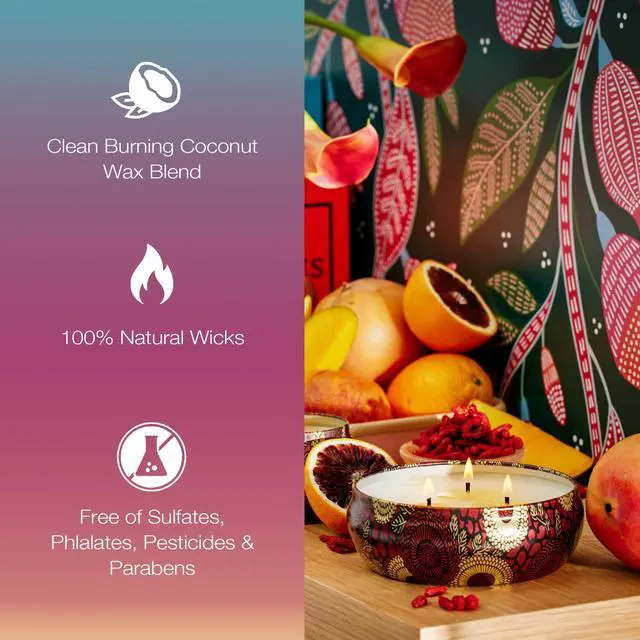 Alt view image 7 of 9 - Voluspa Goji Tarocco Orange Candle | 3 Wick Tin | 12 Oz. | All Natural Wicks And Coconut Wax For Clean Burning