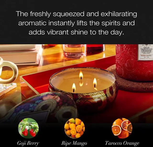 Alt view image 6 of 9 - Voluspa Goji Tarocco Orange Candle | 3 Wick Tin | 12 Oz. | All Natural Wicks And Coconut Wax For Clean Burning