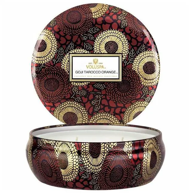 Alt view image 3 of 9 - Voluspa Goji Tarocco Orange Candle | 3 Wick Tin | 12 Oz. | All Natural Wicks And Coconut Wax For Clean Burning