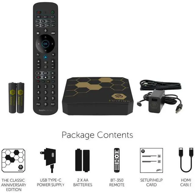 Alt view image 6 of 6 - BuzzTV Classic Anniversary Edition Streaming Media Player with T-350 Voice Remote, USB-C Port, Amlogic Quad Core Processor, and 4GB RAM (Gloss Black and Gold)