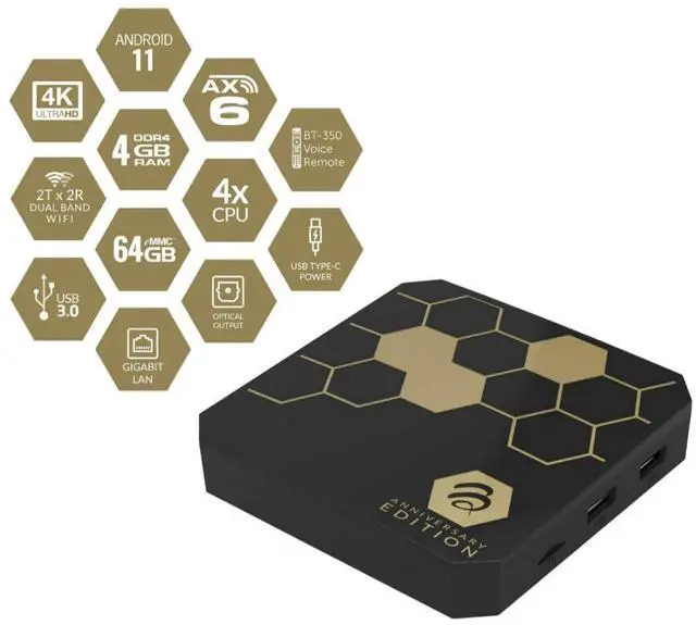 Alt view image 5 of 6 - BuzzTV Classic Anniversary Edition Streaming Media Player with T-350 Voice Remote, USB-C Port, Amlogic Quad Core Processor, and 4GB RAM (Gloss Black and Gold)