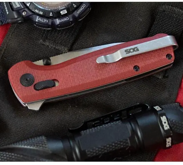 Alt view image 6 of 7 - SOG Terminus XR G10 EDC Ambidextrous Folding Pocket Knife with 2.95-Inch D2 Steel Blade, Fiberglass Handle, Flat Edge and Clip Point Shape (Crimson)