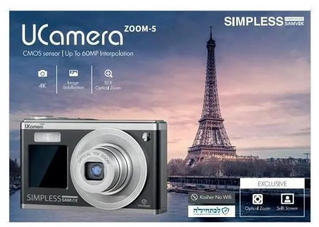 Alt view image 2 of 2 - Samvix UCamera Zoom 5 with Video (Black) - Kosher Digital Camera 10x Optical Zoom and 4K Recording
