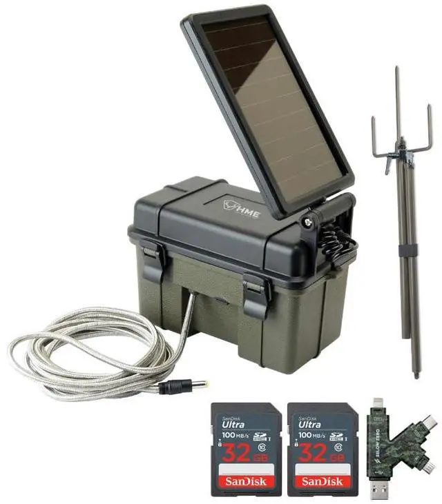 Main image of HME Trail Camera 12V with Solar Auxiliary Power Pack Bundle with Trail Camera Mount Stick, 32GB Ultra SDHC UHS-I Memory Card (2-Pack), and SD Card Reader (5 Items)