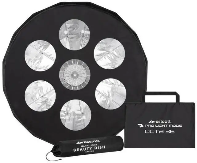 Main image of Westcott Beauty Dish Switch (36-Inch, Silver Interior) Bundle with Pro Light Adjustable Corner System and Hook-and-Loop Tape Lining Mods Octa 36 with Case (2 Items)